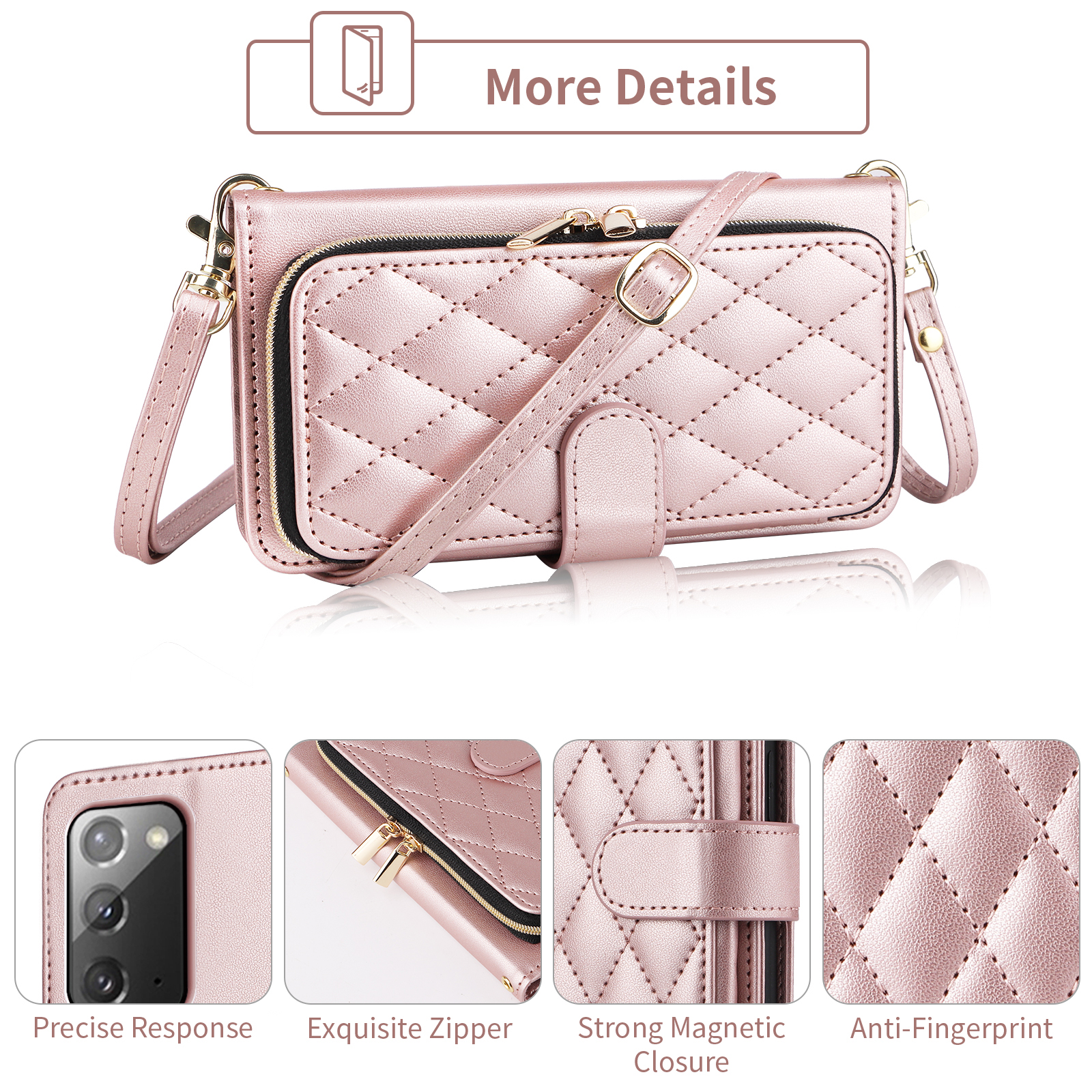 Furiet Wallet Case for Samsung Galaxy Note 20 5G with Wrist/Shoulder Strap, Card Slots Zipper Purse, Luxury PU Leather Stand Cell Phone Cover for Note20 Notes 20s Twenty Not S20 Women Rose Gold