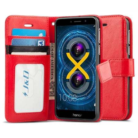 Honor 6X Case, J&D [Wallet Stand] [Slim Fit] Heavy Duty Protective Shock Resistant Flip Cover Wallet Case for Huawei Honor 6X – Red