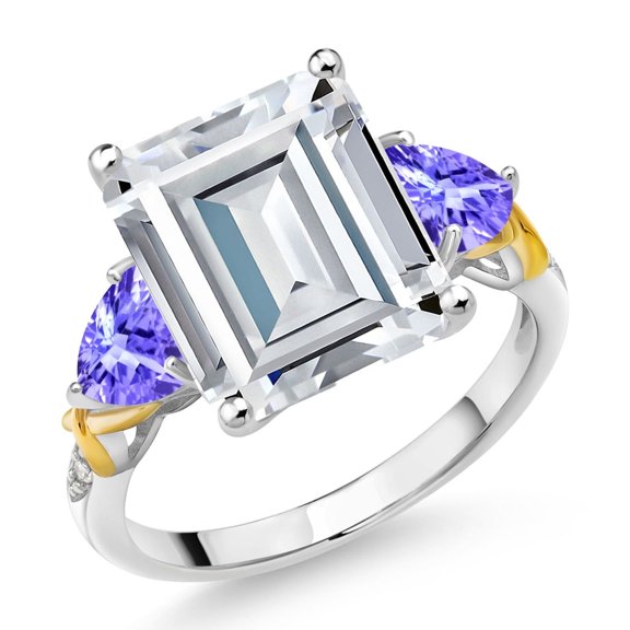 Gem Stone King 925 Silver and 10K Yellow Gold Blue Tanzanite Ring Set with Moissanite (8.20 Cttw) (Size 5)