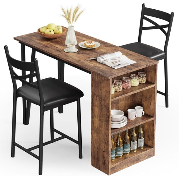 Bar Table Set of 2 with 3 Storage Shelves, Extendable Dining Table with 2 Cushioned Chairs, Small 3Pcs Counter Height Table Set for Kitchen, Coffee Shop, Rustic