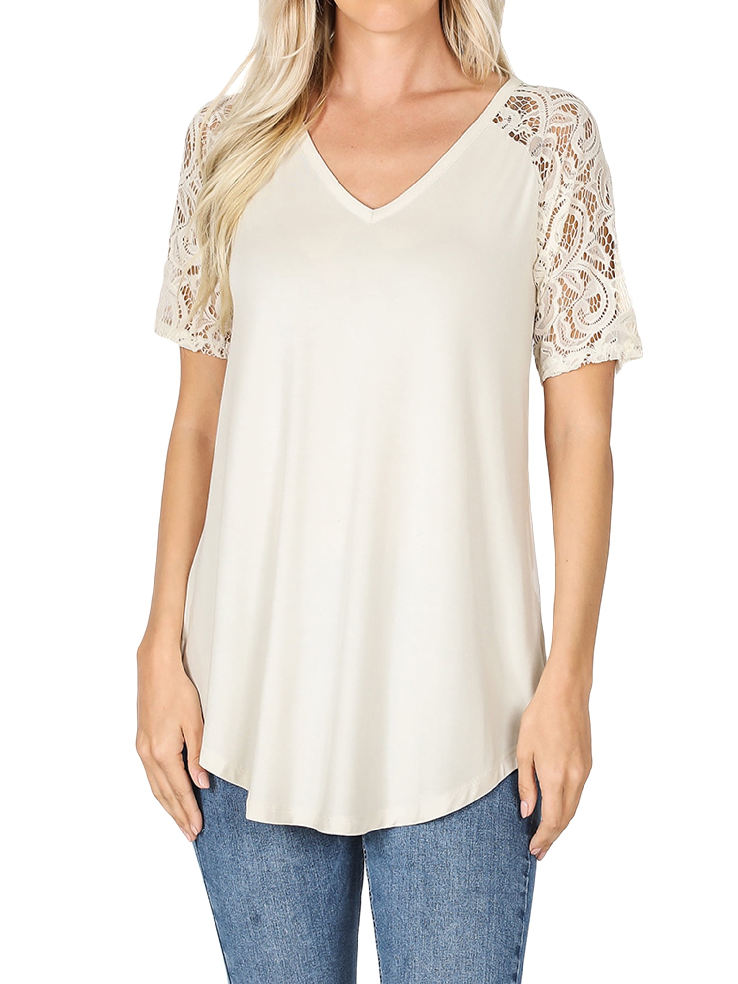 TheLovely Womens & Plus Soft Rayon Lace Short Sleeve VNeck Round Hem