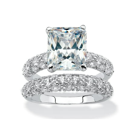 6.50 TCW Emerald-Cut Cubic Zirconia Platinum-Plated Bridal Engagement Ring Wedding Band (Best Wedding Band For Emerald Cut Engagement Ring)