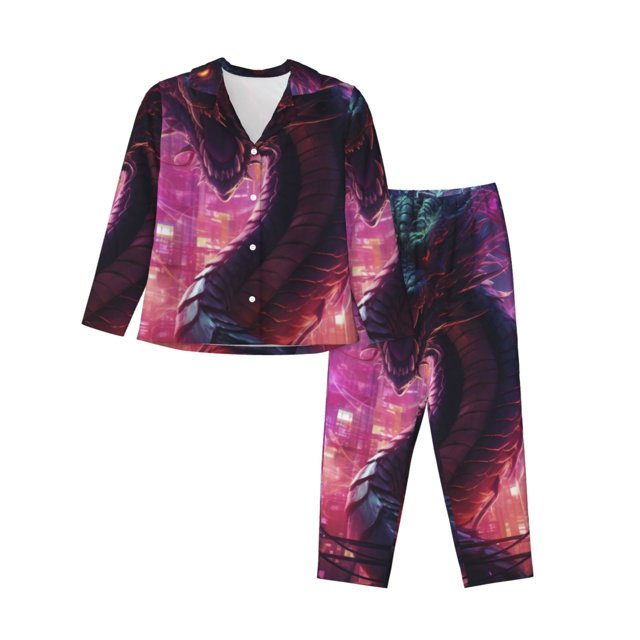 Balery Neon Futuristic Dragon Conjunto de Pijama con Estampado para Mujer, Conjunto de Dos Piezas con Manga Larga, Ropa de Dormir Suave con Bolsillos, Pijamas Cómodos-Large