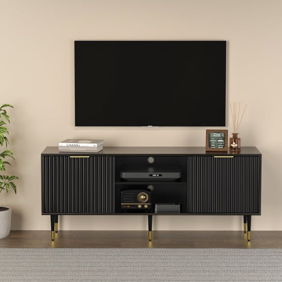 Urban Deco Durable Television Stand, Wood Black, 62.40 x 18.89 x 6.49", 63.47 lbs