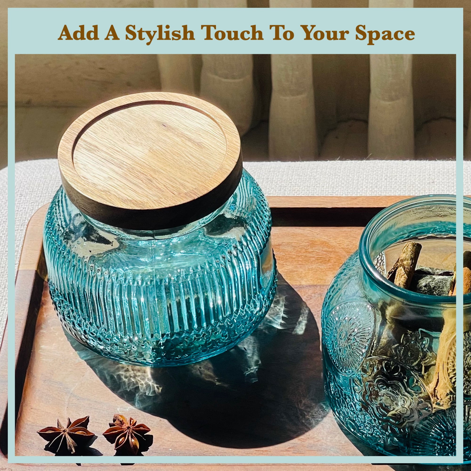 Lingshine 24.5 oz Decorative Glass Jars with Airtight Wooden Lids - Blue Ribbed, Vintage Kitchen Food Storage Containers for Cookie Candy Spice Coffee Tea, Home Decor Candle Vase