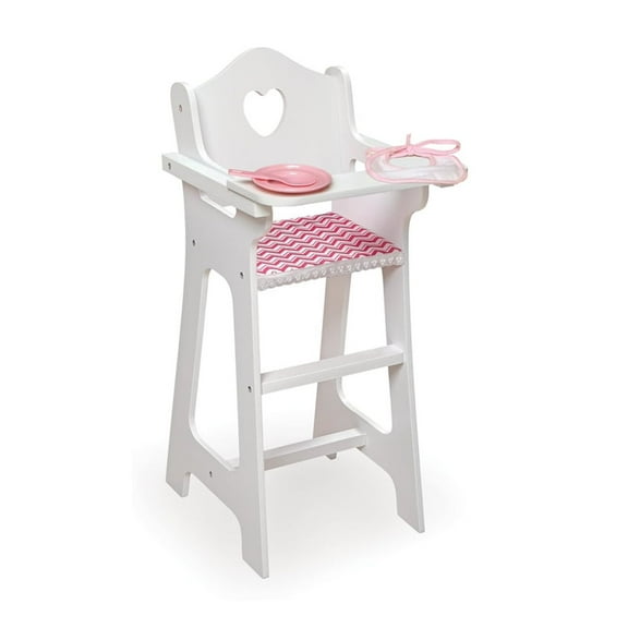 HomeStock Vogue Doll High Chair with Accessories: Personalized Wooden High Chair with Lift and Lower Tray, Bib, Plate, Spoon for 18-inch Dolls - Fabric Seat Cover