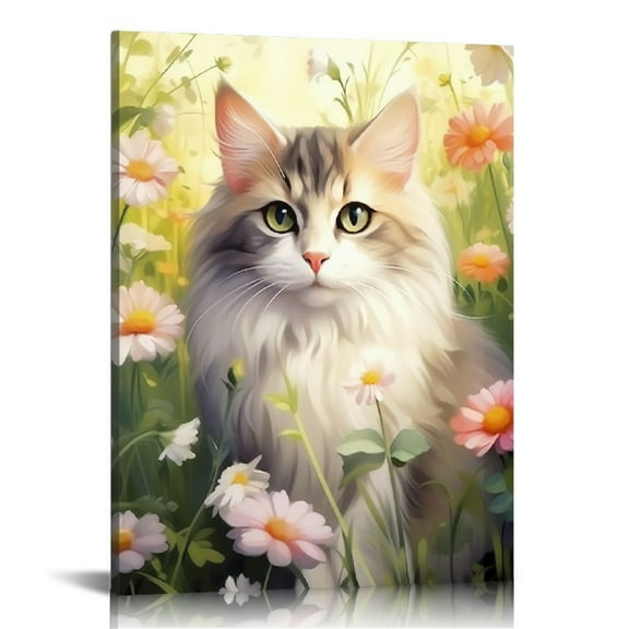 COMIO cat Canvas Wall Art Pictures, cute cat with flowers Poster Gallery Art Prints for Living Room Bedroom Painting Decor