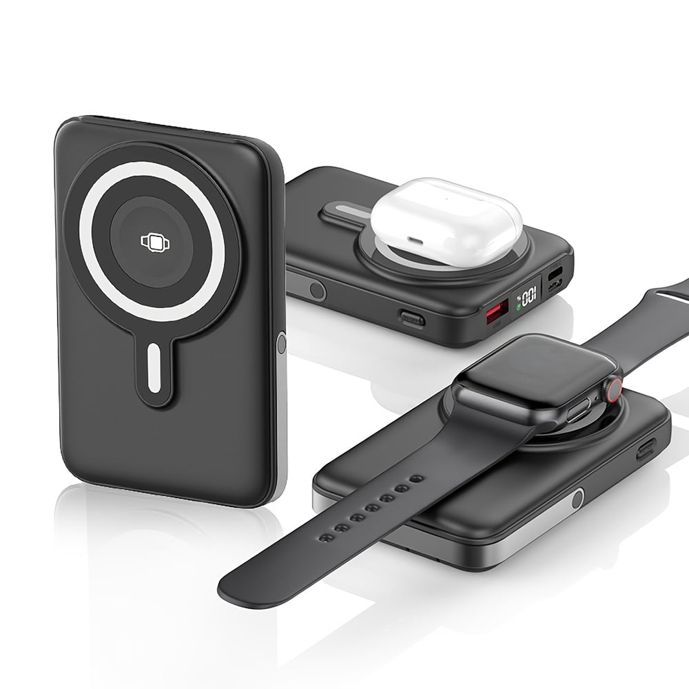 3 in 1 Wireless Power Bank for Summer, Featuring a 20000Mah Magnetic Charger with a Digital Display And Stand. This Portable Battery Pack Is Compatible with Mobile Phones, Headphones, And Watches