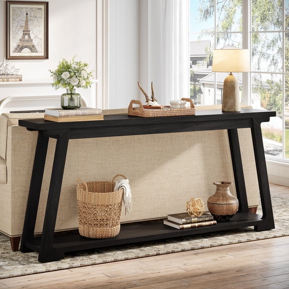 63" Black Solid Wood Console Table with 2-Tier Shelves, Farmhouse Narrow Entryway Table for Hallway