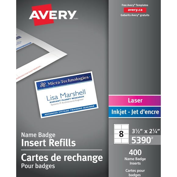 Avery Badge Insert Refills, 2¼" x 3½", White Cardstock, 400/box, (5390)