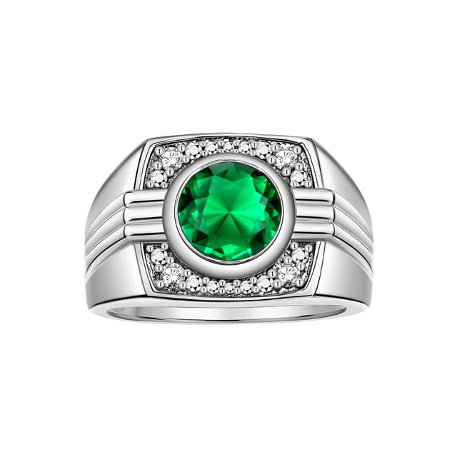 RYLOS Mens Rings Sterling Silver Designer Round Gemstone & Sparkling Diamond Ring Emerald May Birthstone Rings For Men, Men's Rings, Silver Rings, Sizes 8 - 13