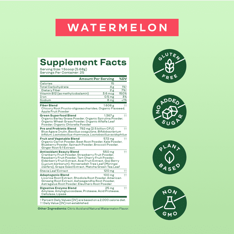 Bloom Nutrition Greens & Superfoods Powder, Watermelon, 25 Servings