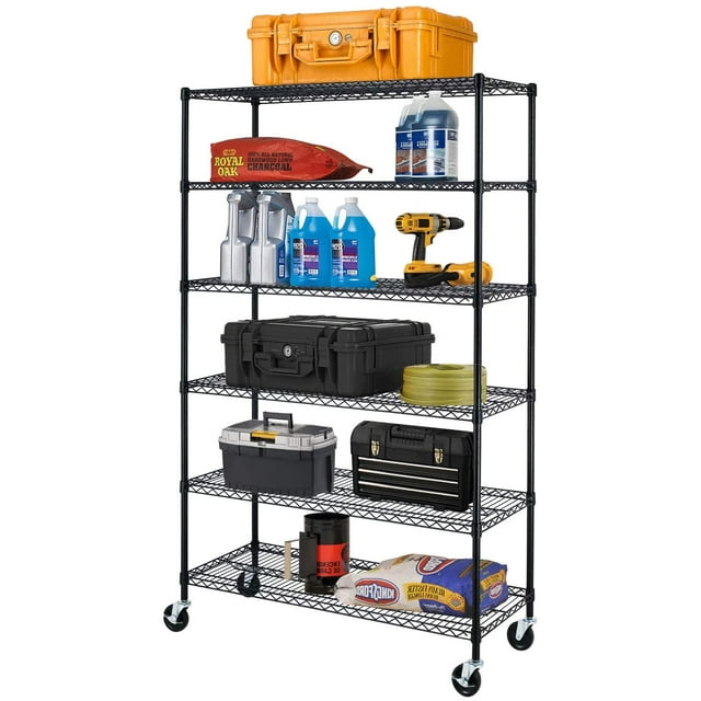 BestOffice Heavy Duty 6-Shelf Metal Storage Rack, Wheels, Adjustable Wire Shelves, 6000 Lbs Capacity, 18"x48"x76", Black Garage Organizer