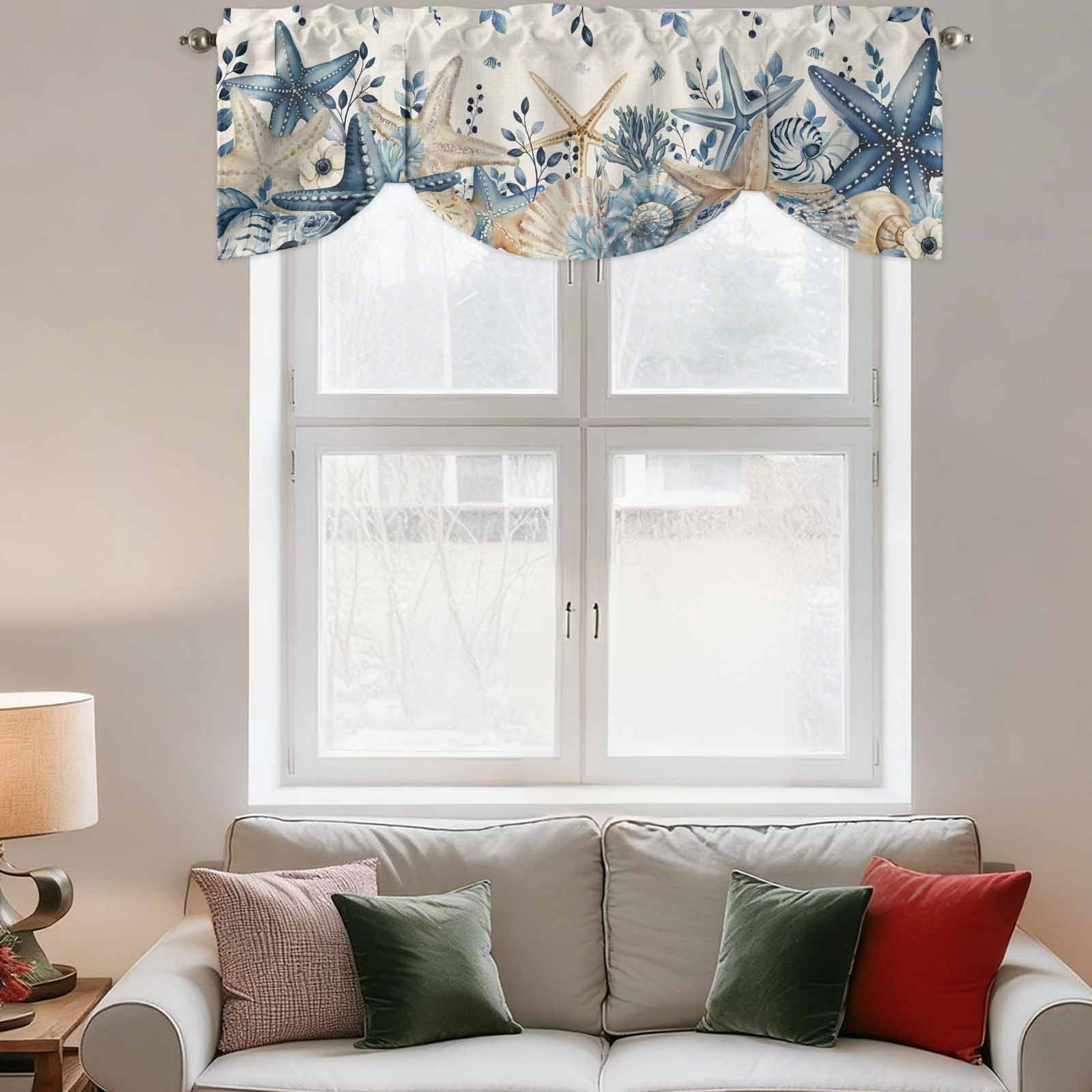 Coastal Tie Up Valances Curtain, Adjustable Kitchen Ocean Blue Beige Starfish Shells Leaves Retro Linen Valances for Windows Decor, Rod Pocket Short Curtains Set for Bedroom/Bathroom, 60"x18"