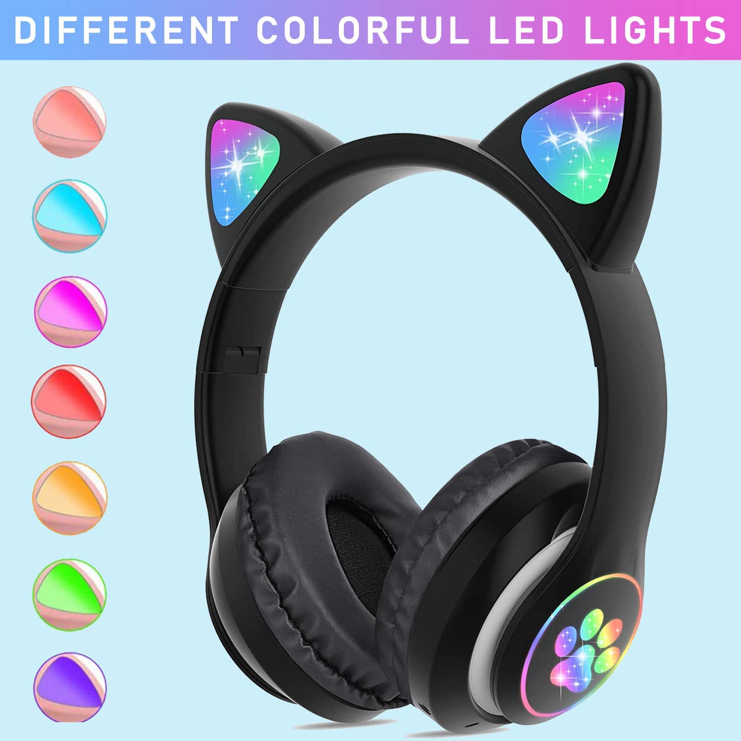 Hinzonek Cat Ear Kids Headphones, LED Lights, Black photo 5