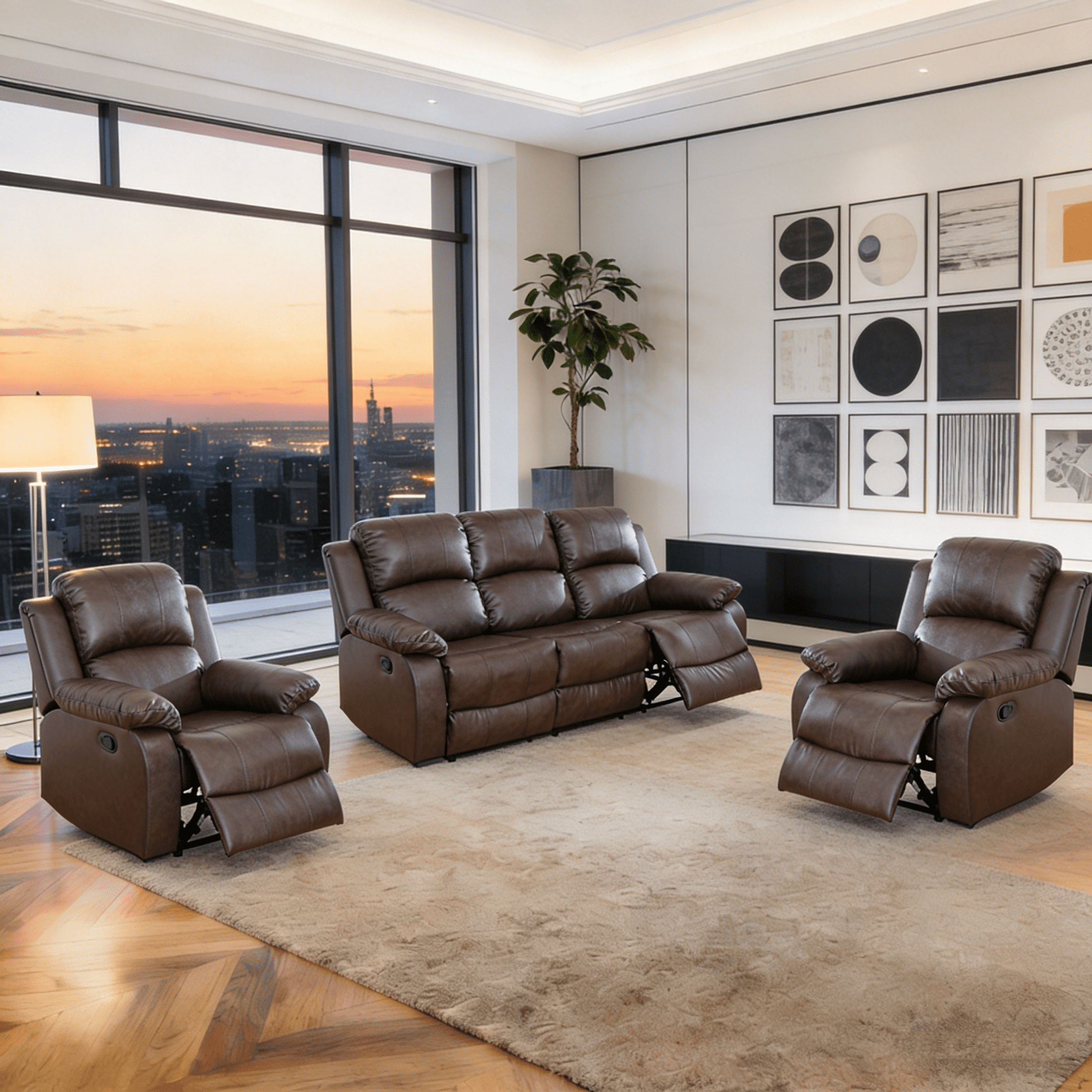 Gewnee 3-Seater Sofa with Two Recliners, Air Leather & High-Elastic Sponge, Adjustable Backrest Angle, Ideal for Living Room, Brown