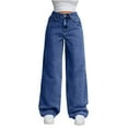 thumbnail image 2 of Hogleaql Women's Straight Legg Mid Waist Fashion Y2k Stretchy Wide Leg Button Denim Jeans with Pockets Loose Fit Trousers Dark BlueL, 2 of 4