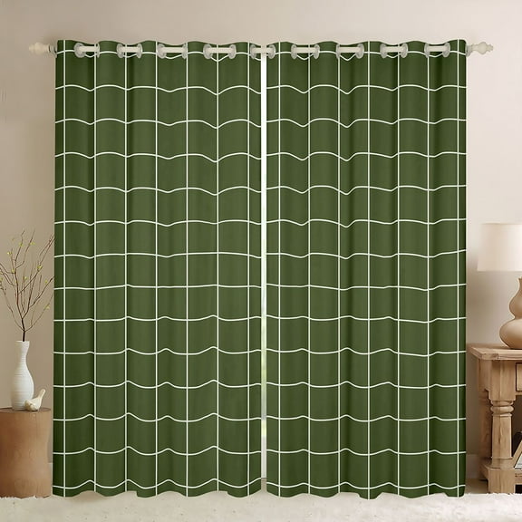 Homewish Vintage Rectangle Plaid Black Out Curtains, Stripes Ombre Curtains Pack of 2 (42x63 Each), Green Abstract Artwork Bedroom Curtains, Window Curtains Decor