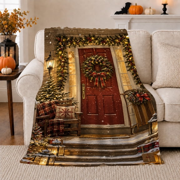 Warm Brown Snowy Porch Scene, Rustic Winter Porch Art Style for Winter Holiday Decor Enthusiasts, Housewarming Gift with Cozy Flannel Blanket, Home Decor for Living Room And Family Room And