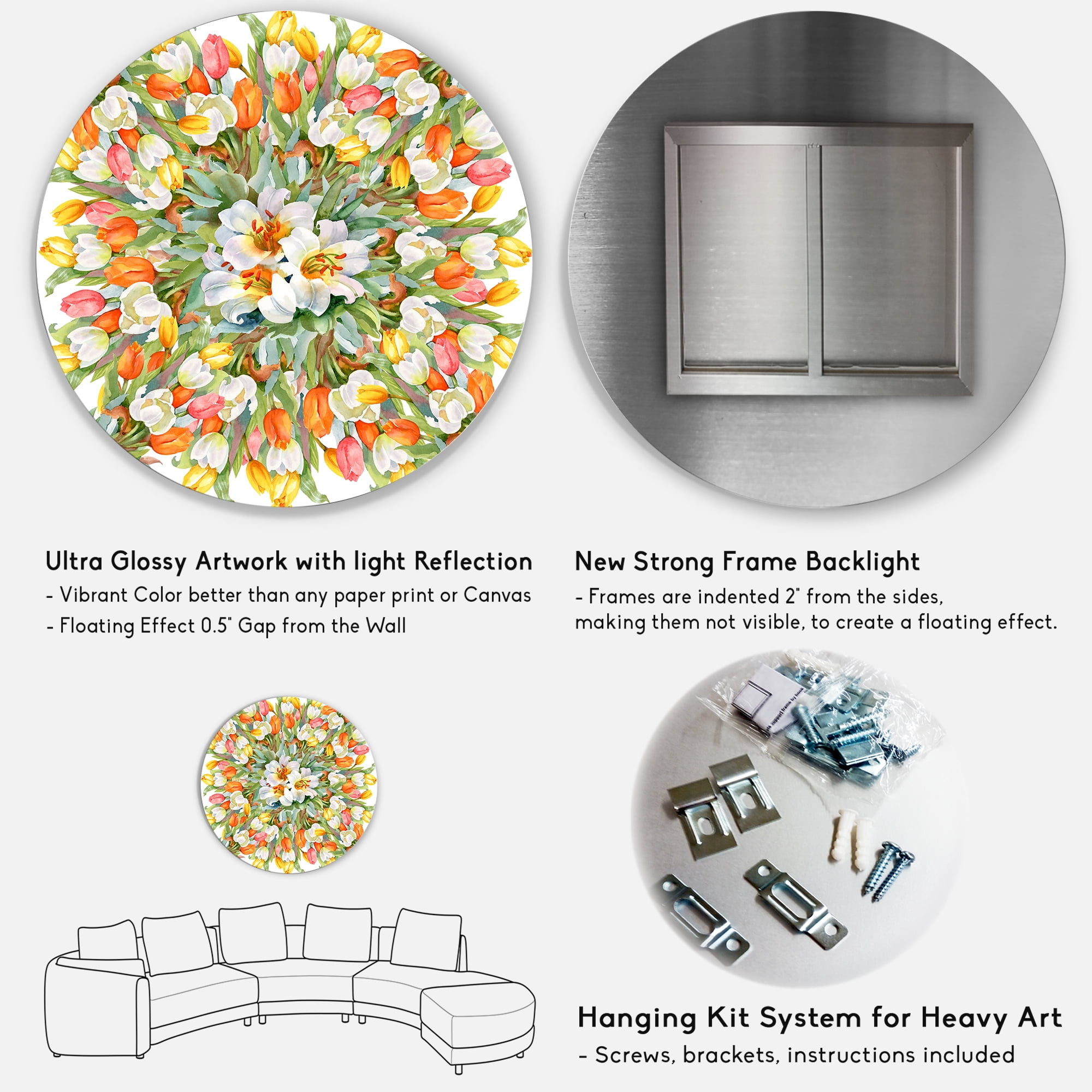 Designart 'Blooming Orange and White Tulips I' Traditional Circle Metal Wall Art 36x36 - Disc of 36