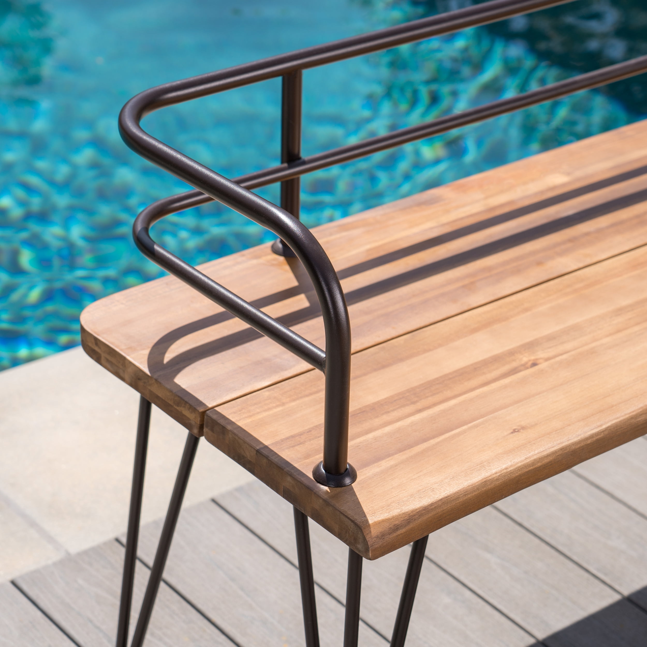 Outdoor Industrial 3 Piece Acacia Wood Coffee Table Chat Set with Iron Frame,Rustic,Teak