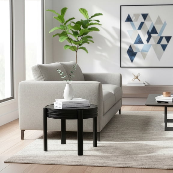 Anika Black Round Side Table with Tempered Glass Top