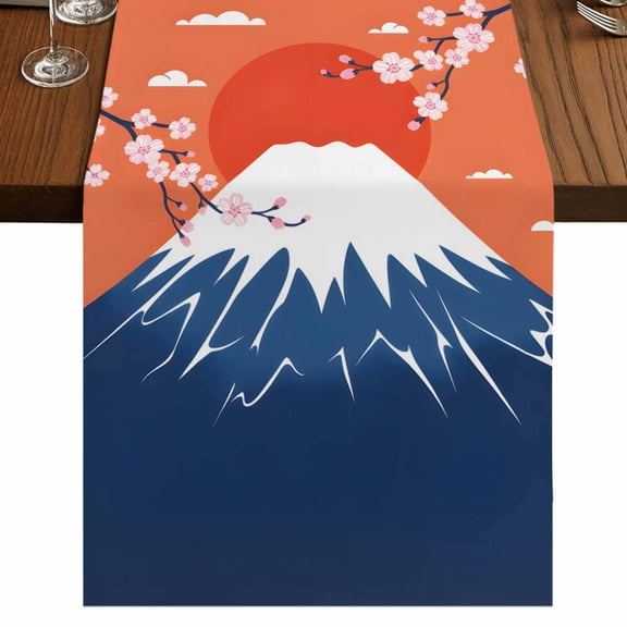 Table Runners 36 Inches Long Dress Scarves, Japanese Style Farmhouse Kitchen/Dining Table Runner, Short Coffee Tablerunners, Blue Mountains Orange Red Sun Cherry Floral 13x36 Inch