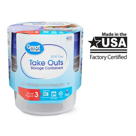 Great Value BPA Free Take Outs Storage Containers, Small Round, 16 fl oz, 3 Count