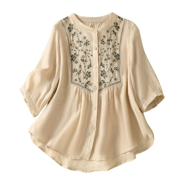 Vestidos Casuales Para Mujer, Blusas De Mujer De Moda Blusa de lino sintético con botones bordados y mangas 3/4 con cuello alto para mujer