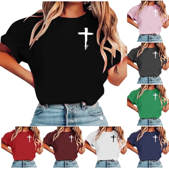 Felirenzacia Women's Short Sleeve Cotton T-Shirts Crew Neck Jesus Cross Printed Shirts Faith Christ Shirts Black,L