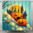 thumbnail image 1 of Whimsical Halloween Shower Curtain with Fairytale Castle & Lanterns Spooky Autumn Decor, 1 of 4