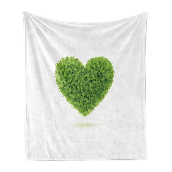 Green Soft Flannel Fleece Throw Blanket, Heart with Fresh Leafage Foliage Health Growth Ecology Environment Theme, Cozy Plush for Indoor and Outdoor Use, 60" x 80", Fern Green White, by Ambesonne