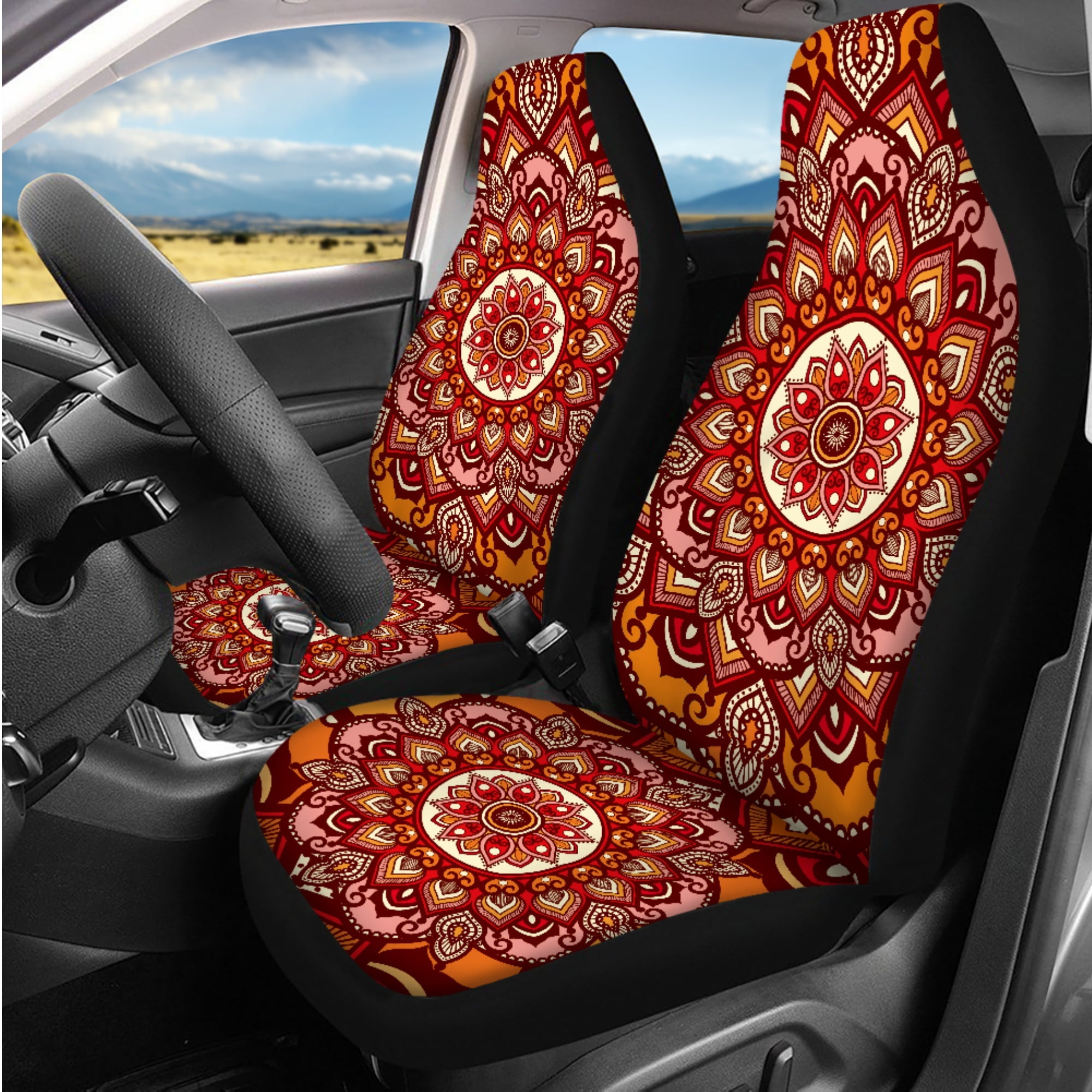 Jeiento Orange Boho Mandala Car Seat Covers Full Set with Steering Wheel Cover Safe Belt Pads Headrest Covers Coasters Center Console Cover Keychain 14 PCS Auto Accessory Interior Sets