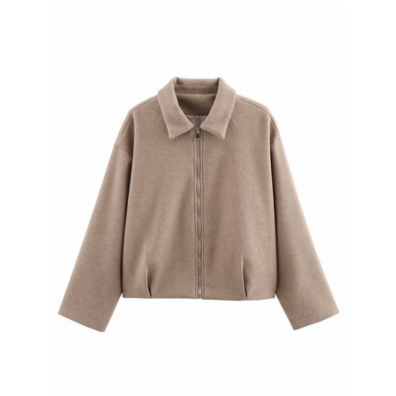 Womens Cropped Wool Jacket Warm Winter Fleece Bombers Jacket Zip Up Short Pea Coats with Pockets Khaki M
