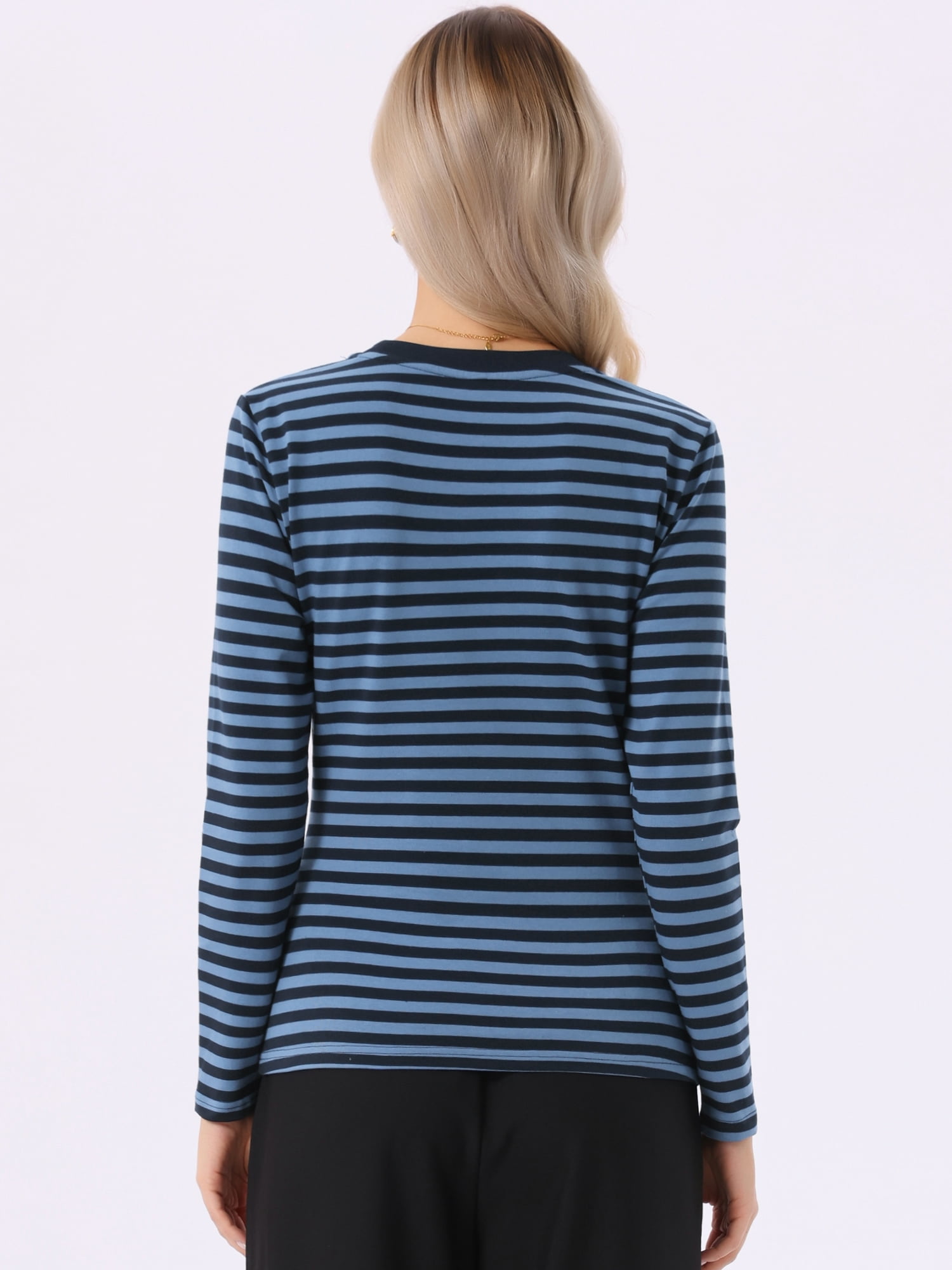 DARING DIVA Women's Striped Long Sleeve Cotton Crew Neck Tees M Black Blue Stripe