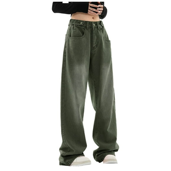 Bmisegm Women's Loose Straight Leg High Waisted Wide Leg Jeans, Green, M
