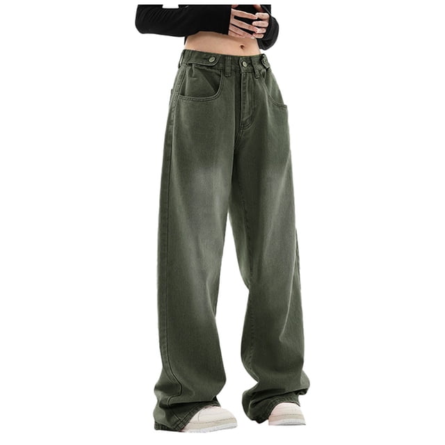 Bmisegm Jeans à Jambe Droite Ample pour Femmes, Taille Haute, Longueur au Sol, Jambe Grand, Jeans Y2K pour Femmes, Vert, TG