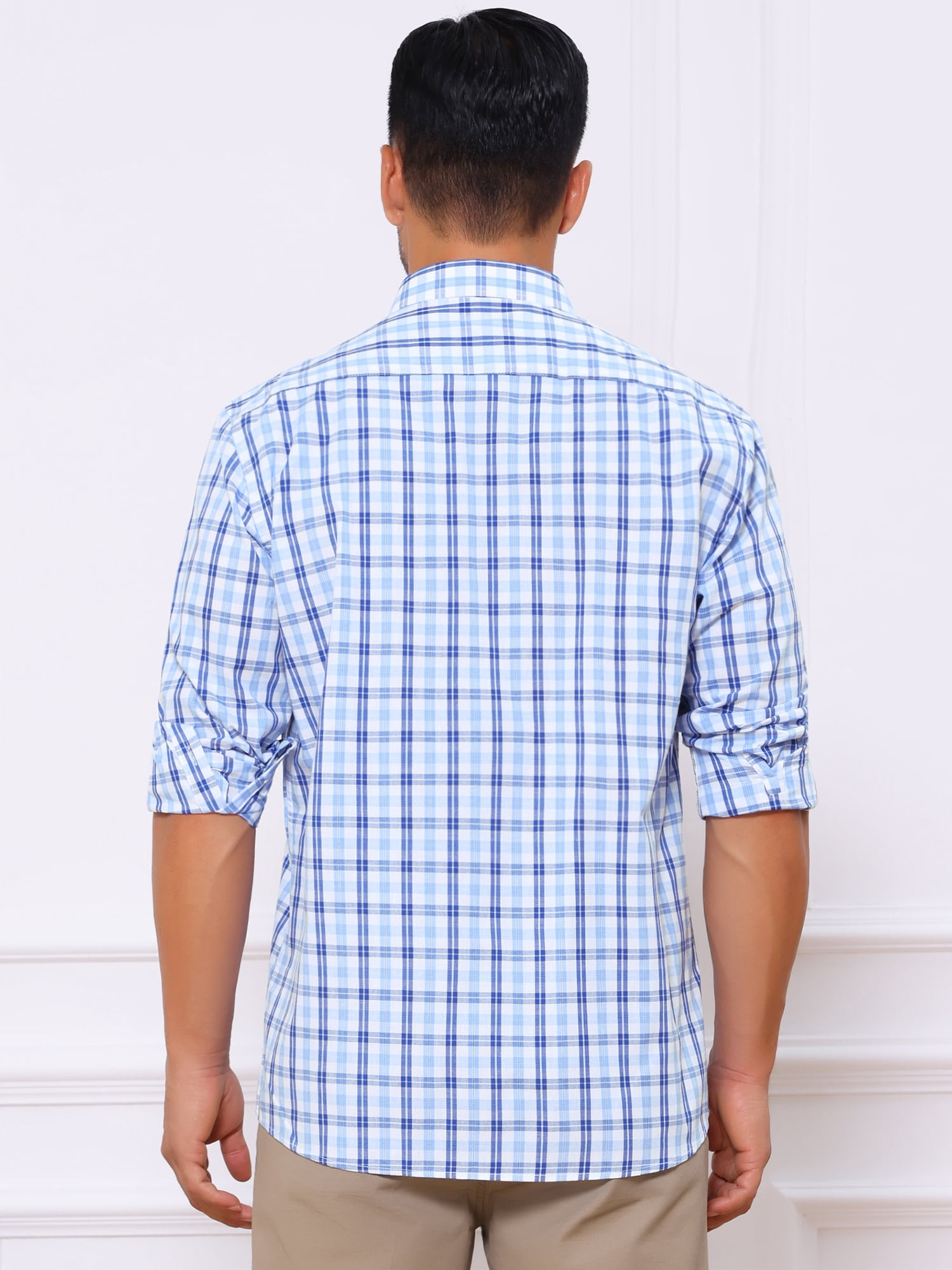 DARING DIVA Men's Long Sleeve Checked Shirt Point Collar Button Plaid Shirt XL White Blue