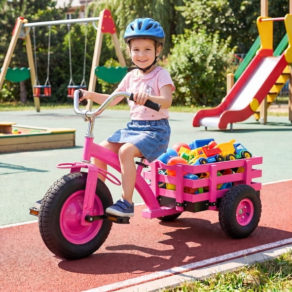 Pink Kids Tricycle with 15 Inch Inflatable Rubber Tires, Adjustable Handlebar and Seat, Storage Basket