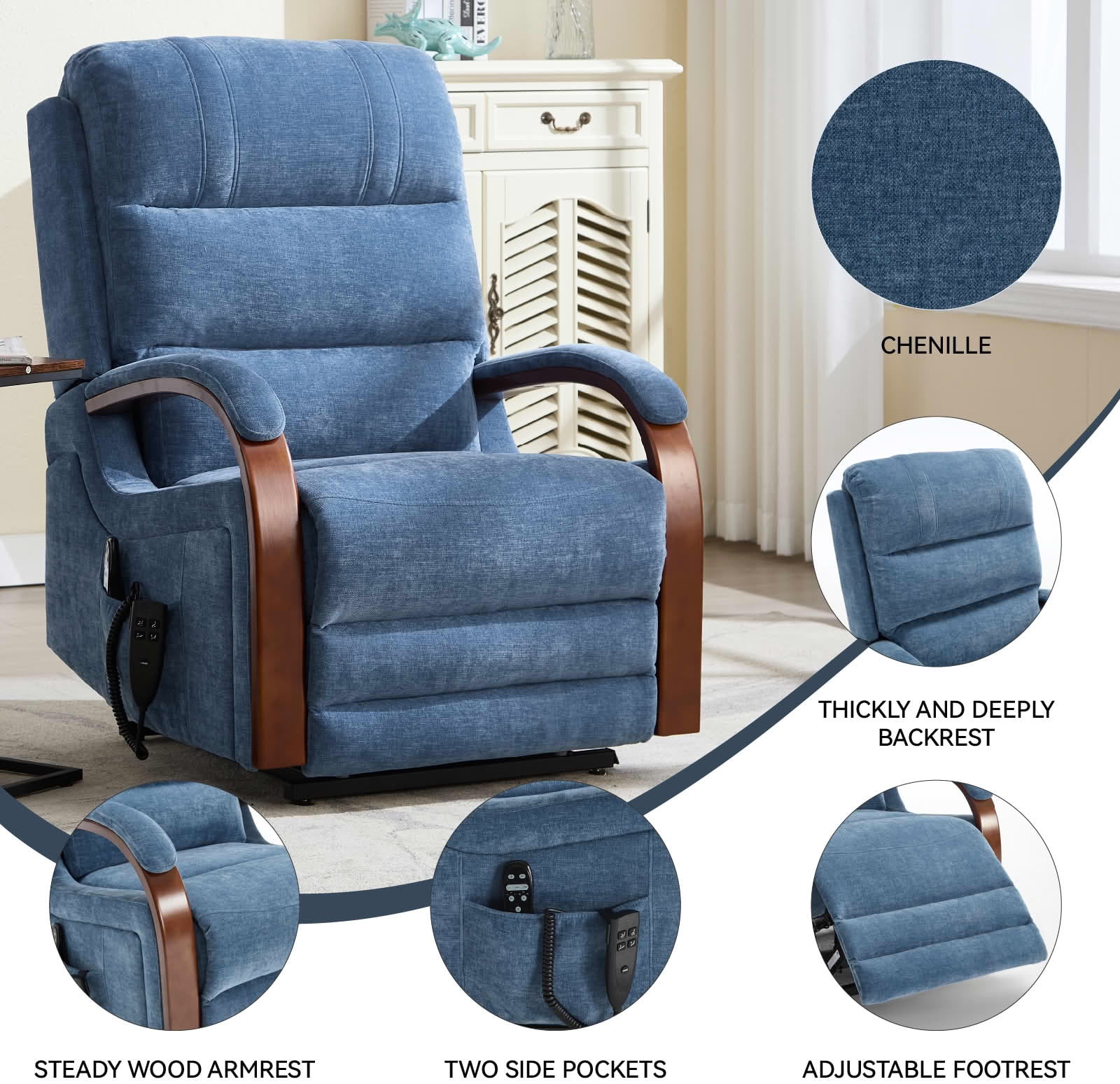 MAYEERTY Blue Chenille Dual Motor Power Lift Recliner, 350lbs Solid Wood Armrest Massage Heat 30"x36"x43" for Elderly
