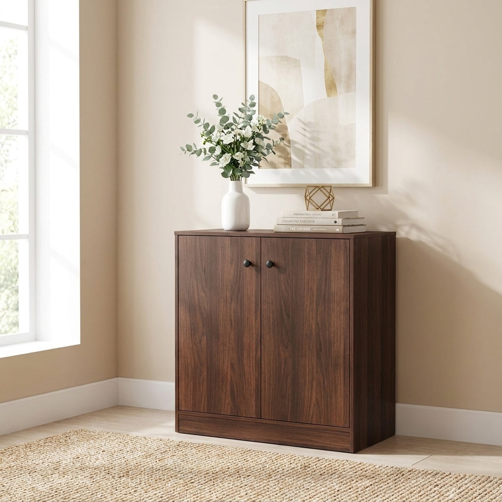Furnibear 2 Door Modern Accent Cabinet with 3 Tier Shelf and Display Top Sideboard Buffet for Entryway Hallway and Living Room, Brown