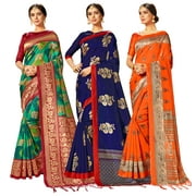 Pack of Three Sarees for Women Mysore Art Silk Printed Indian Wedding Saree | Diwali Gift Sari Combo
