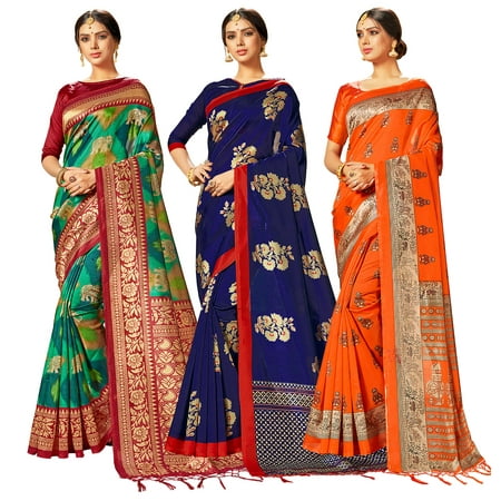 Pack of Three Sarees for Women Mysore Art Silk Printed Indian Wedding Saree | Diwali Gift Sari Combo
