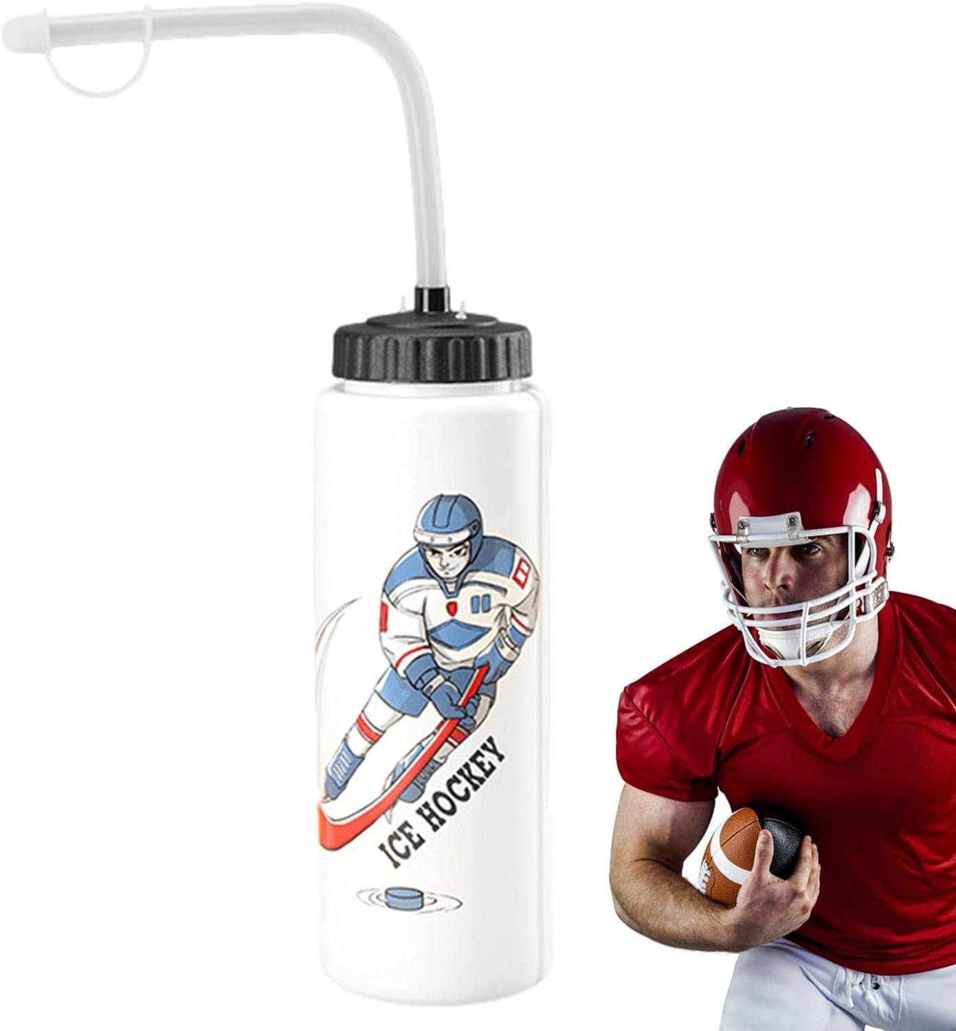 Hockey Water Bottle | 35.2oz Portable Ice Hockey Water Bottle With Long Straw - Boys Water Bottle For Outdoor Boxing Hockey Cycling Football Gym A/v