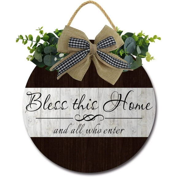 Eveokoki 12" Bless This Home And All Who Enter Signs for Front Door Farmhouse Porch Rustic Round Wooden Hanging Wreaths for Housewarming Gift Christmas Festival Decoration Outdoor Indoor Wall Decor