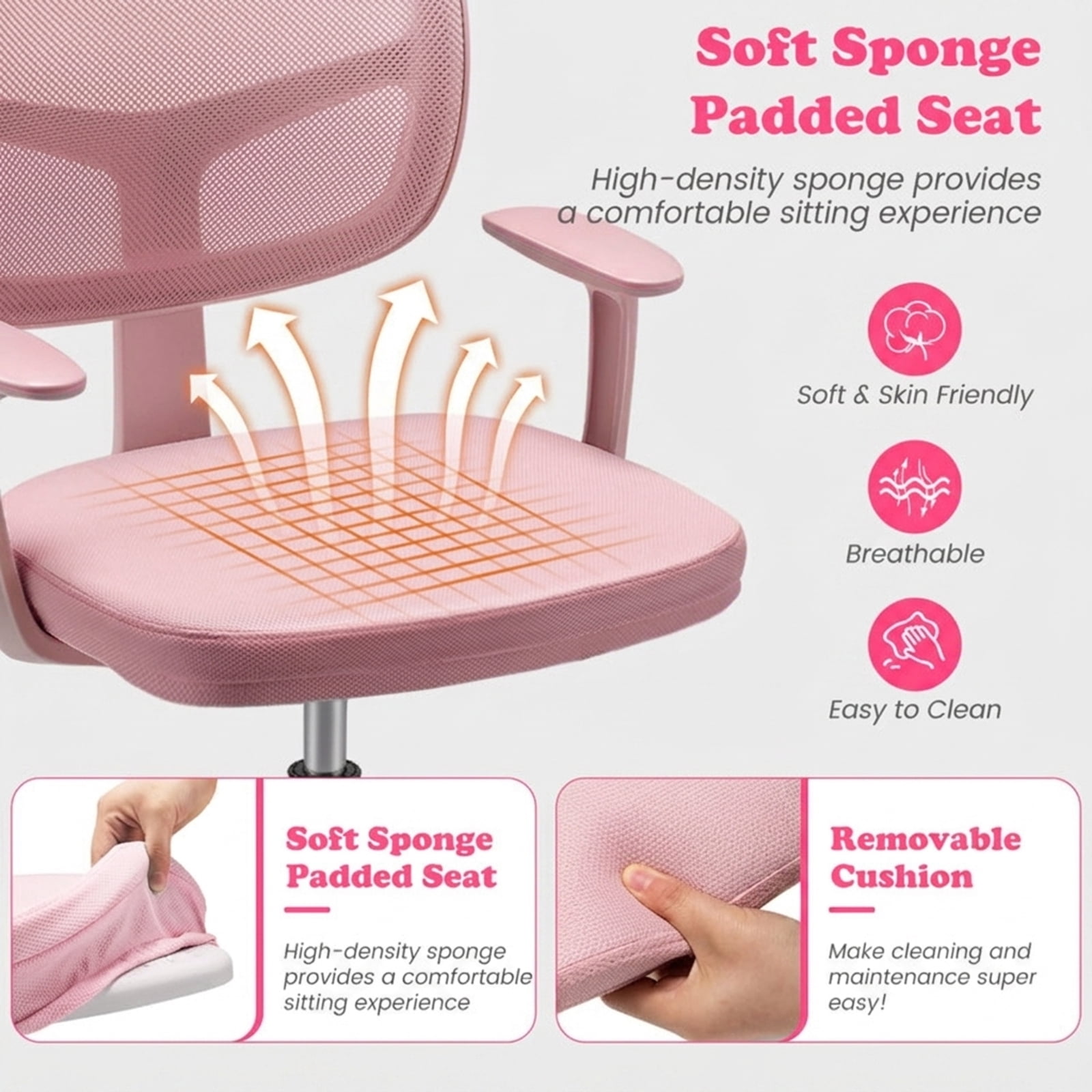 Furnibear Kids Chair Adjustable Desk Chair with Auto Brake Casters for Kids, Pink