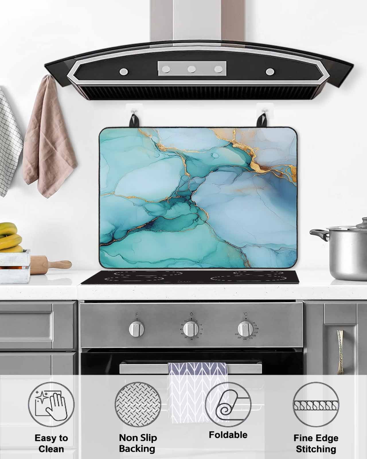 nqOlkjepod Large Induction Cooktop Protector Mat 24"x21", Teal Marble Stove Top Covers for Electric Stove, Contemporary Ink Painted Abstract Art Stove Burner Cover Mats, Glass Top Stove Cover