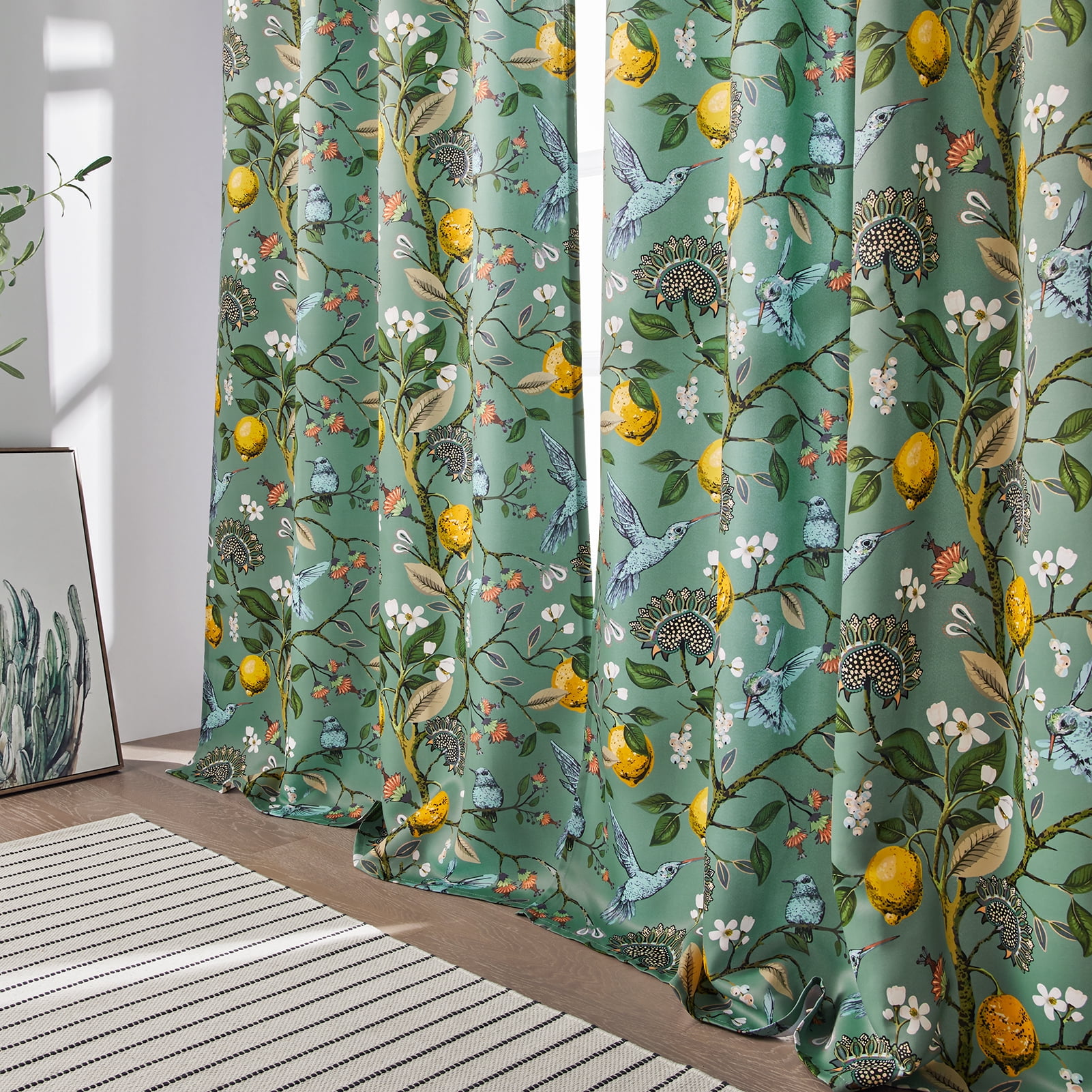 Topfinel Fancy Hummingbird Patterned Curtain,SageGreen Curtains for Living Room, Thermal Insulated Blackout Curtains for Bedroom, Floral Vintage Lemon Curtains 84 inch Length 2 Panels Set