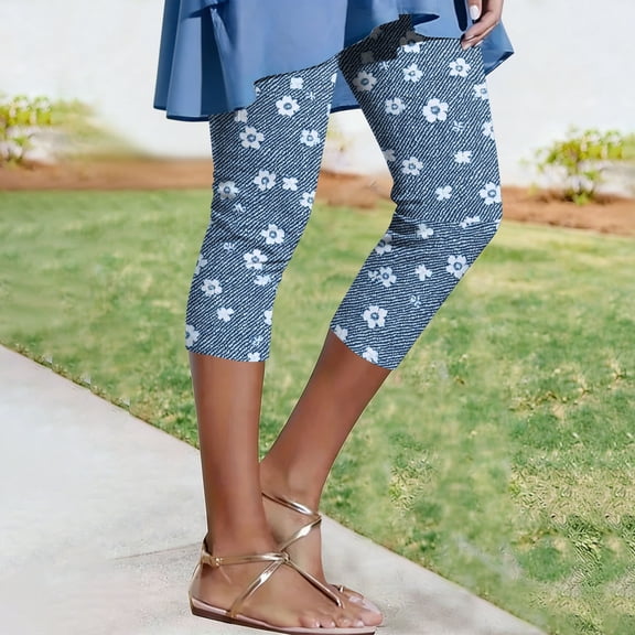 Women's Stretch Yoga Pants Summer Floral Print High Waisted Capris Leggings for Women, Soft Breathable Active Workout Pants Blue L