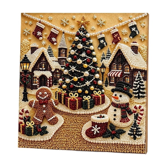 DIY Christmas Pearl Diamond Painting Art Kit with Frame, Special Shaped Rhinestone Beaded Canvas Wall Art for Adults Beginners, Xmas Pearl Beads Art Craft for Home Wall Decor